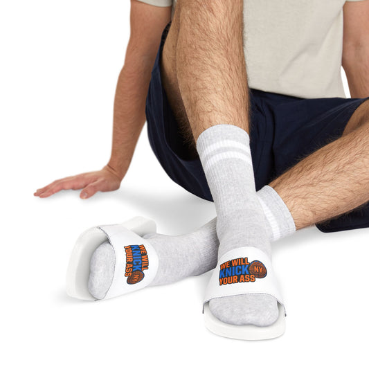 Slide Sandals — 'We Will Knick My Your Ass' Novelty Adjustable-Strap Slides