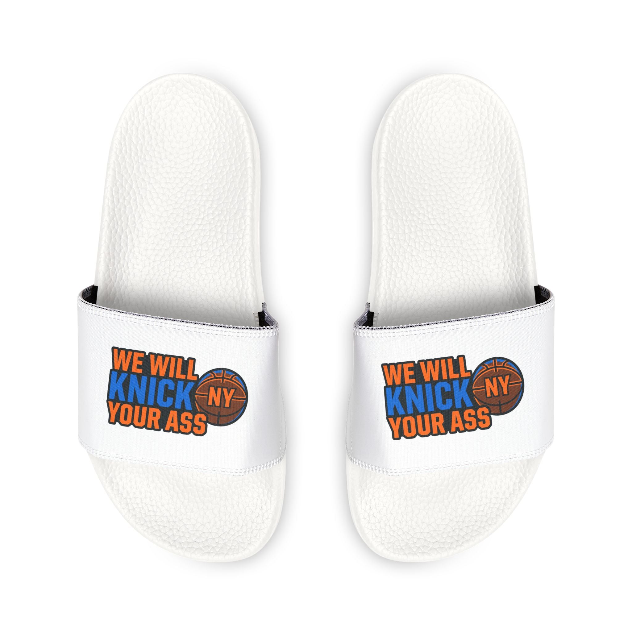 Slide Sandals — 'We Will Knick My Your Ass' Novelty Adjustable-Strap Slides